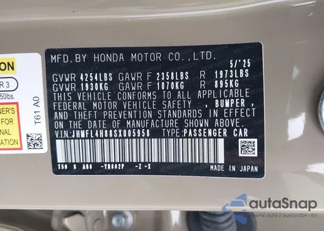 2025 Honda Civic Hybrid Sport из США, поврежденный, VIN JHMFL4H88SX005958